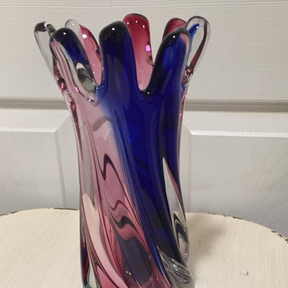 Swung Glass Vintage Hand Blown 8 Finger Art Glass Vase Cobalt Purple 10" Heavy - Picture 1 of 11